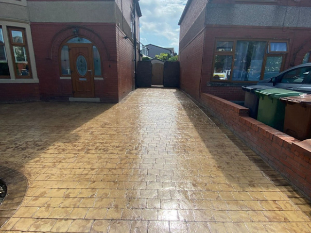 Sandstone Coloured Pattern Imprinted Concrete Driveway in Accrington